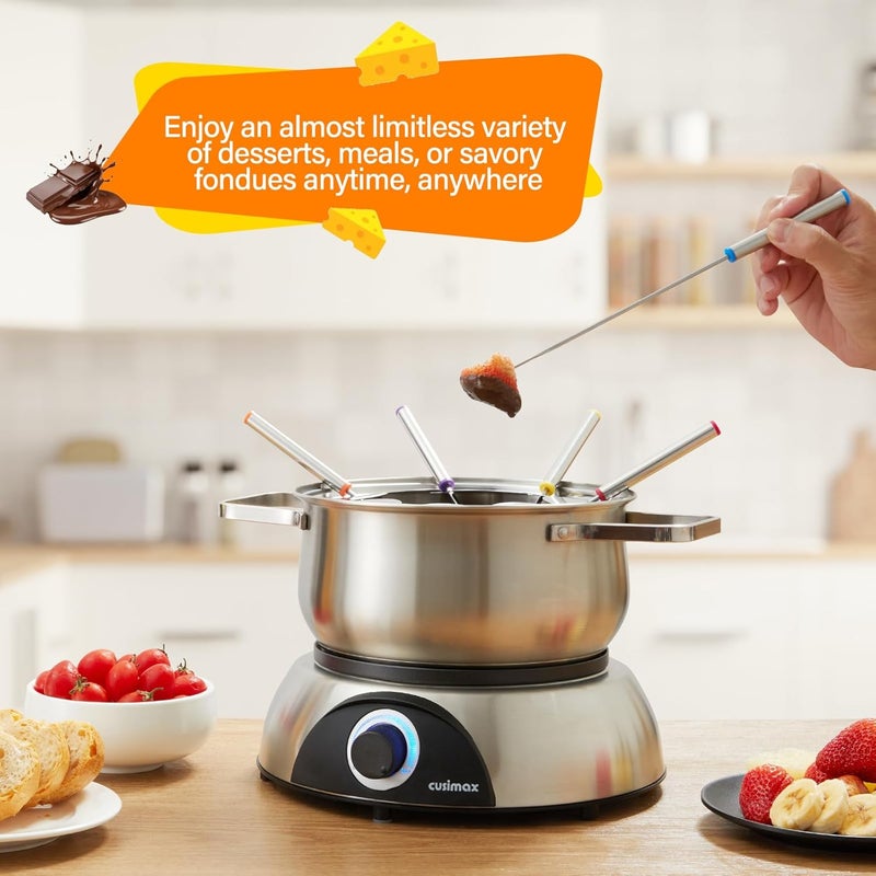 CUSIMAX 1500W Electric Fondue Pot Set, Fondue Pot for Chocolate, Cheese, Broth, Oil, Luminous Control Dial, Fondue Set with 8 Colour Coded Stainless Steel Forks, 1.4-Quart - Stainless Steel - Image 4